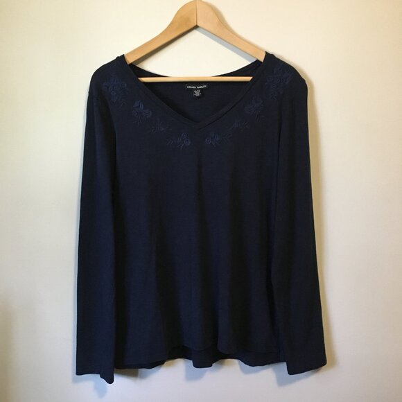 Cotton Modal Hilary Radley Soft Navy Blue With Floral Embroidered Collar - Picture 1 of 16